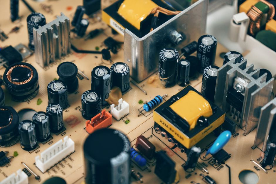 Detailed shot of capacitors and resistors on a circuit board